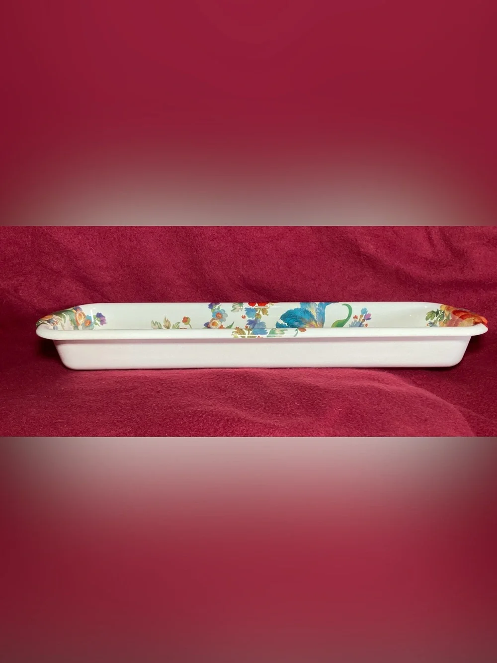 Mackenzie Childs White Flower Market Enamelware Baguette Dish 18” Bread Pan